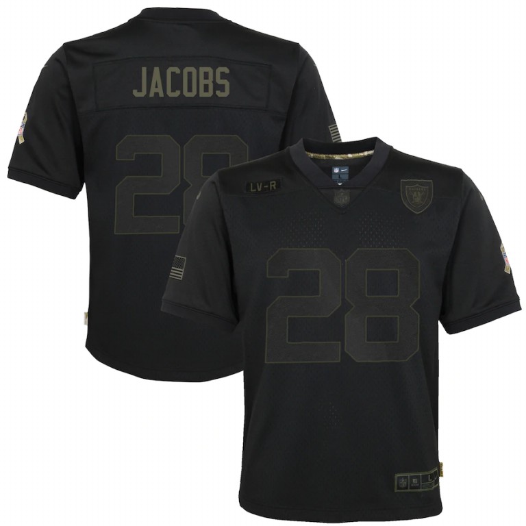 NFL Las Vegas Raiders #28 Josh Jacobs Nike Youth 2020 Salute to Service Game  Black jerseys->youth soccer jersey->Youth Jersey
